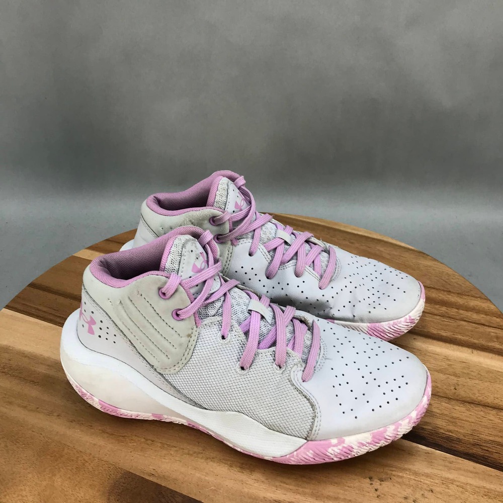 Under Armour Jet 21 Shoes Youth 5.5 Basketball Gray Pink Leather Lace Up Mid Top